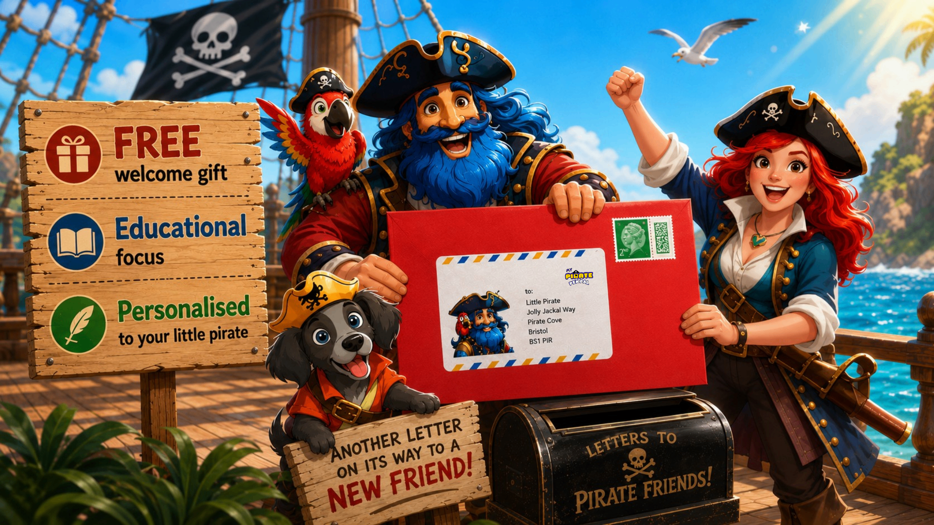 Captain Blue Beard and First Mate Rose on deck holding a giant red letter addressed to Little Pirate, with the ship's mailbox and pup crew mate