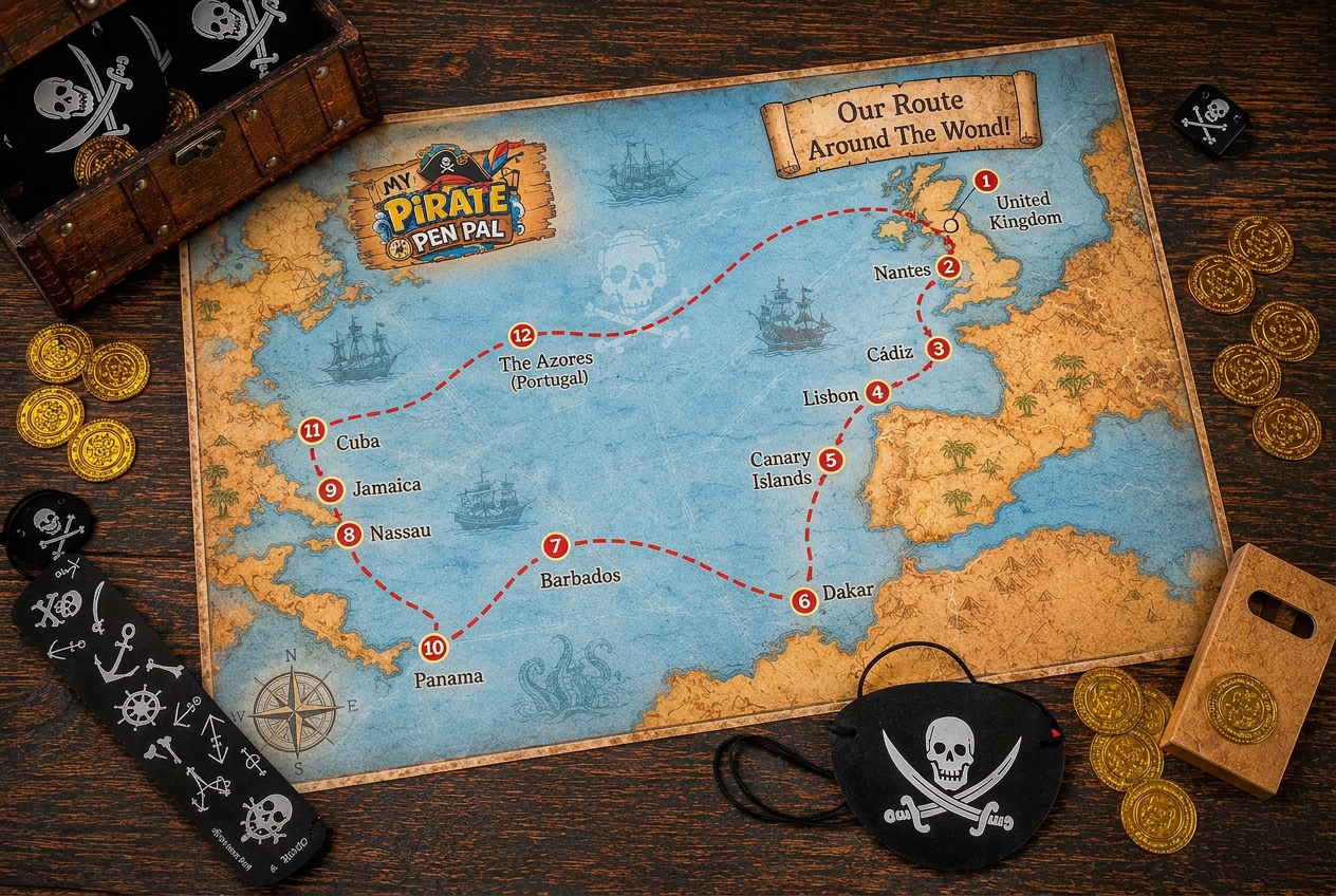 Pirate map titled Our Route Around The World with twelve numbered ports