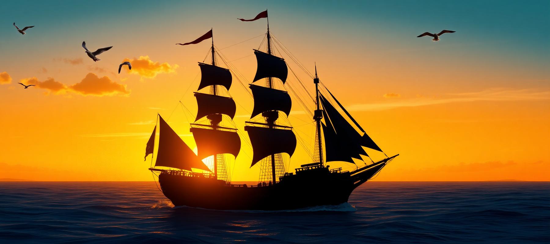 Pirate ship sailing into the sunset