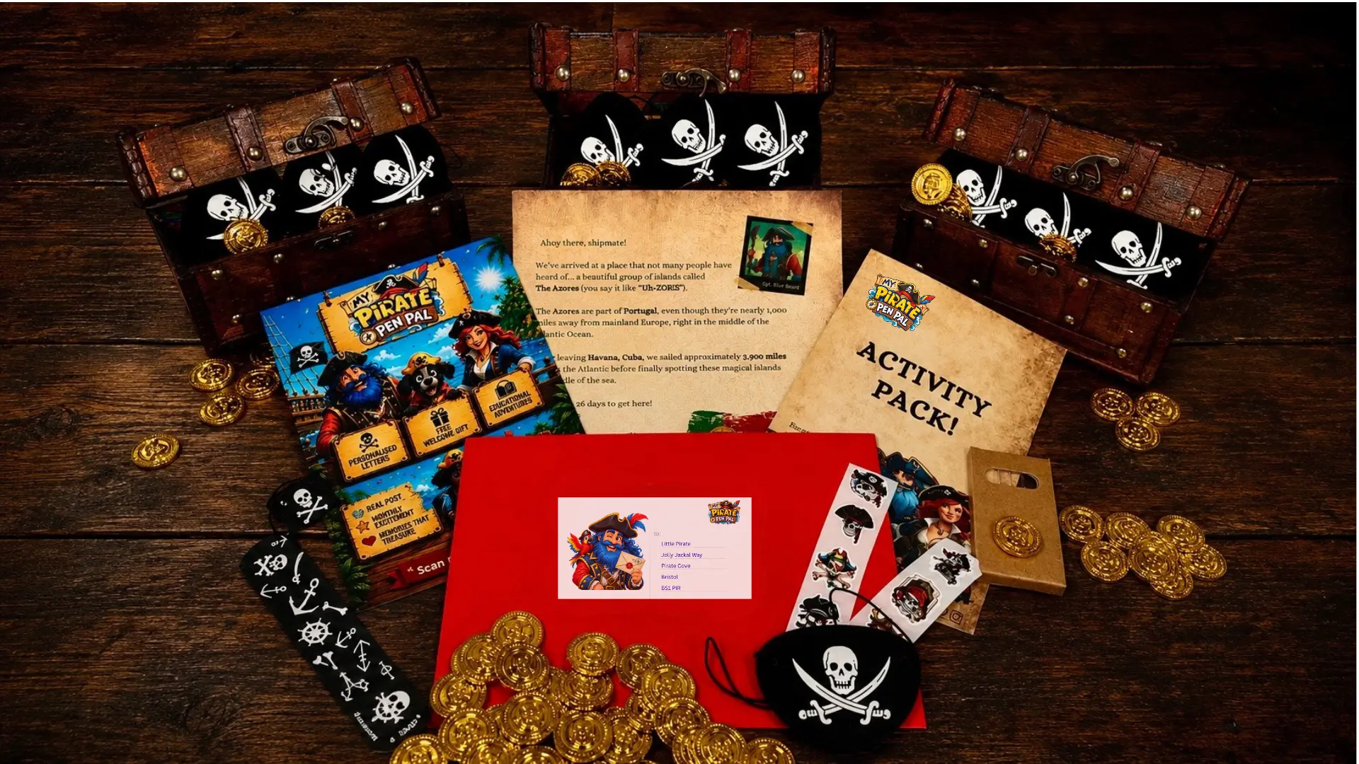 A pirate treasure flatlay showing wooden chests, a red welcome letter addressed to Little Pirate, an activity pack, gold coins, pirate eye patches and stickers